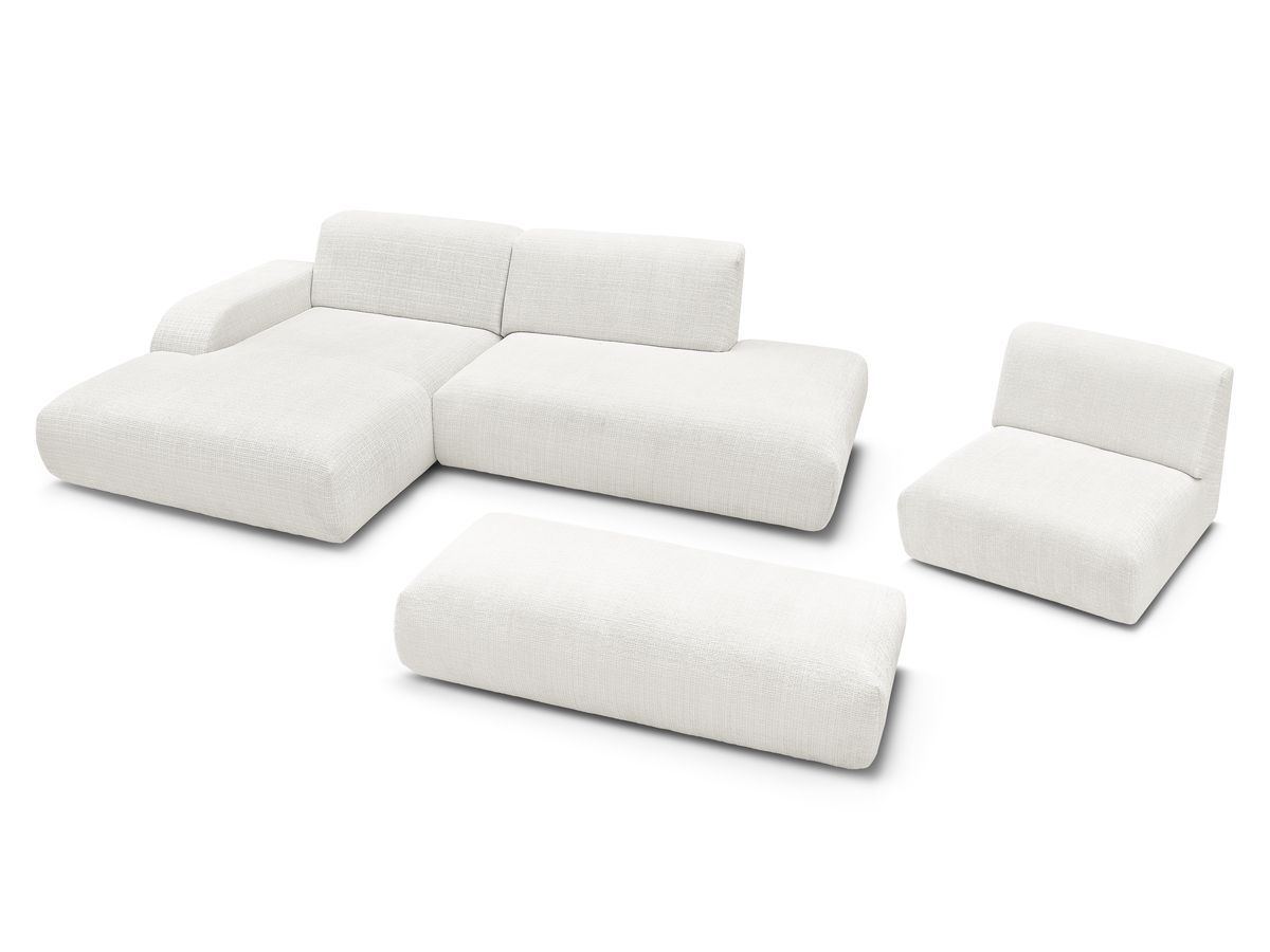 Canapé d'angle fixe modulable SIRIUS tissu texturé avec 1 chauffeuse et grand pouf