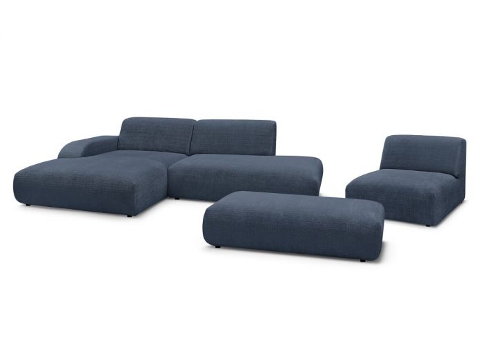 Canapé d'angle fixe modulable SIRIUS tissu texturé avec 1 chauffeuse et grand pouf