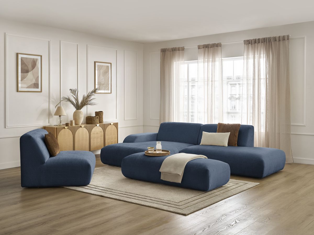 Canapé d'angle fixe modulable SIRIUS tissu texturé avec 1 chauffeuse et grand pouf bleu foncé angle gauche BOBOCHIC 5 places