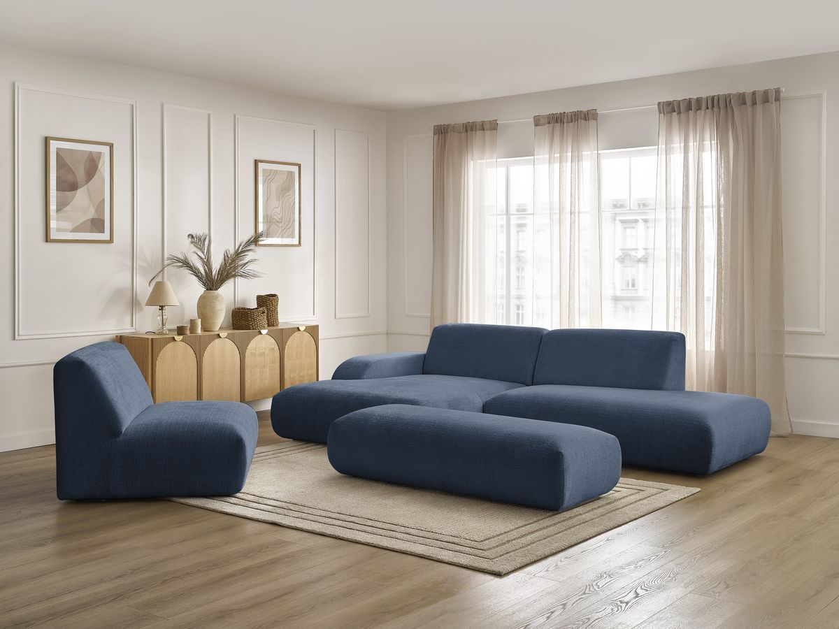 Canapé d'angle fixe modulable SIRIUS tissu texturé avec 1 chauffeuse et grand pouf