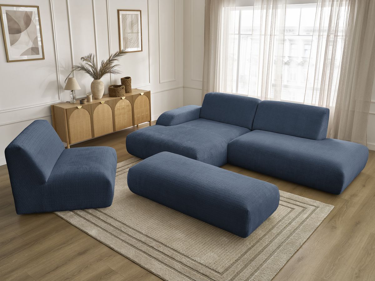 Canapé d'angle fixe modulable SIRIUS tissu texturé avec 1 chauffeuse et grand pouf