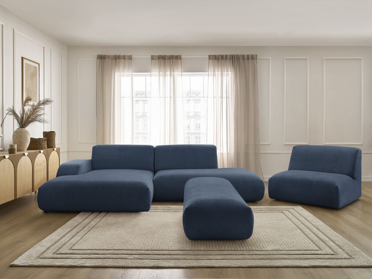 Canapé d'angle fixe modulable SIRIUS tissu texturé avec 1 chauffeuse et grand pouf