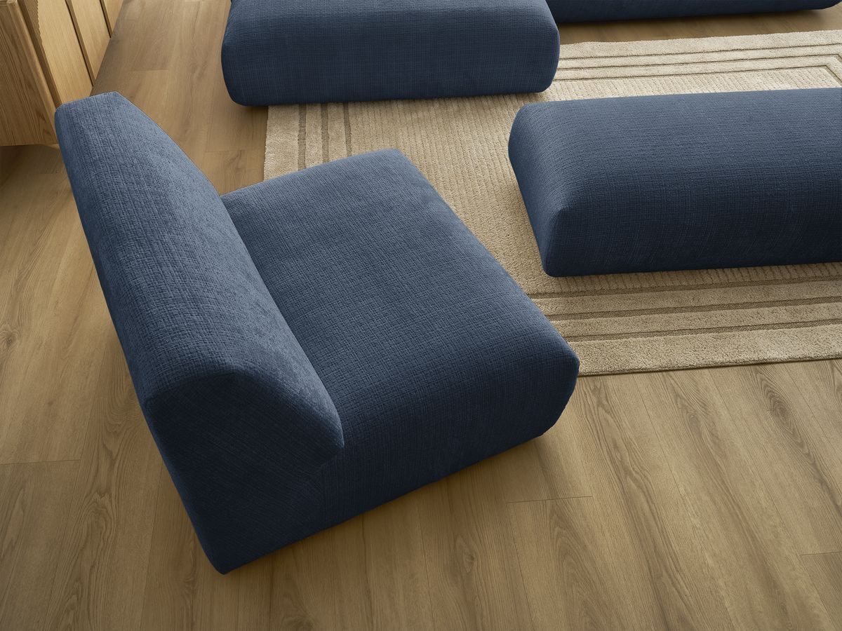 Canapé d'angle fixe modulable SIRIUS tissu texturé avec 1 chauffeuse et grand pouf
