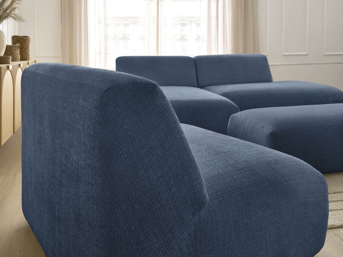 Canapé d'angle fixe modulable SIRIUS tissu texturé avec 1 chauffeuse et grand pouf