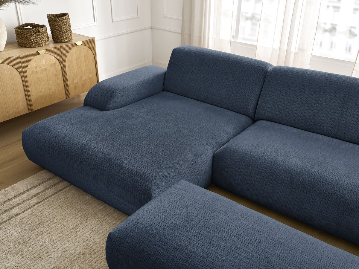 Canapé d'angle fixe modulable SIRIUS tissu texturé avec 1 chauffeuse et grand pouf