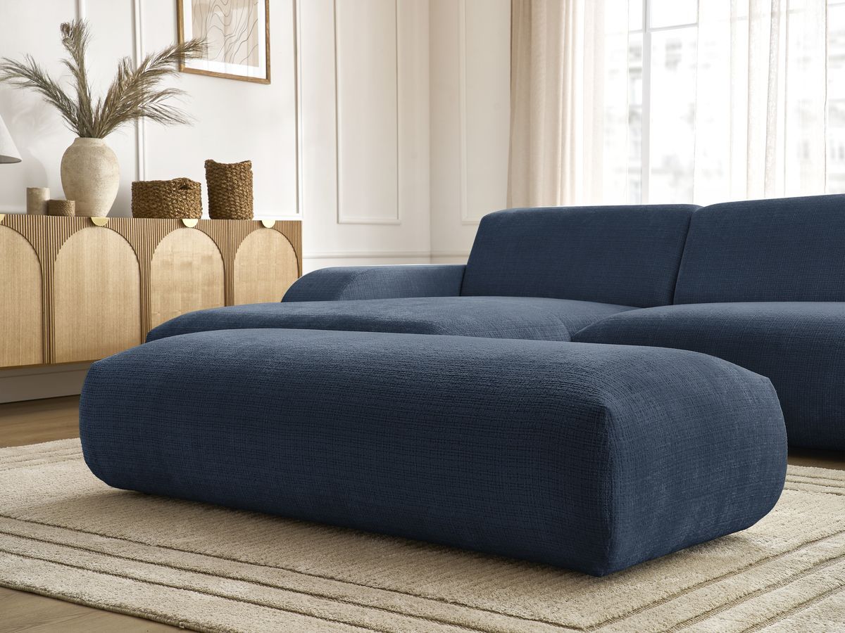Canapé d'angle fixe modulable SIRIUS tissu texturé avec 1 chauffeuse et grand pouf