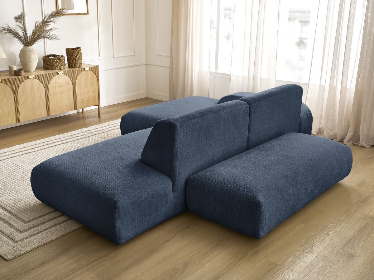 Canapé d'angle fixe modulable SIRIUS tissu texturé avec 1 chauffeuse et grand pouf