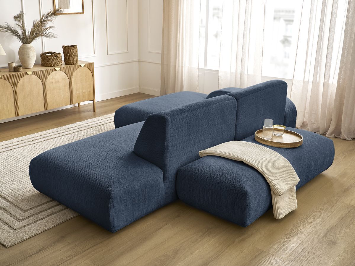 Canapé d'angle fixe modulable SIRIUS tissu texturé avec 1 chauffeuse et grand pouf