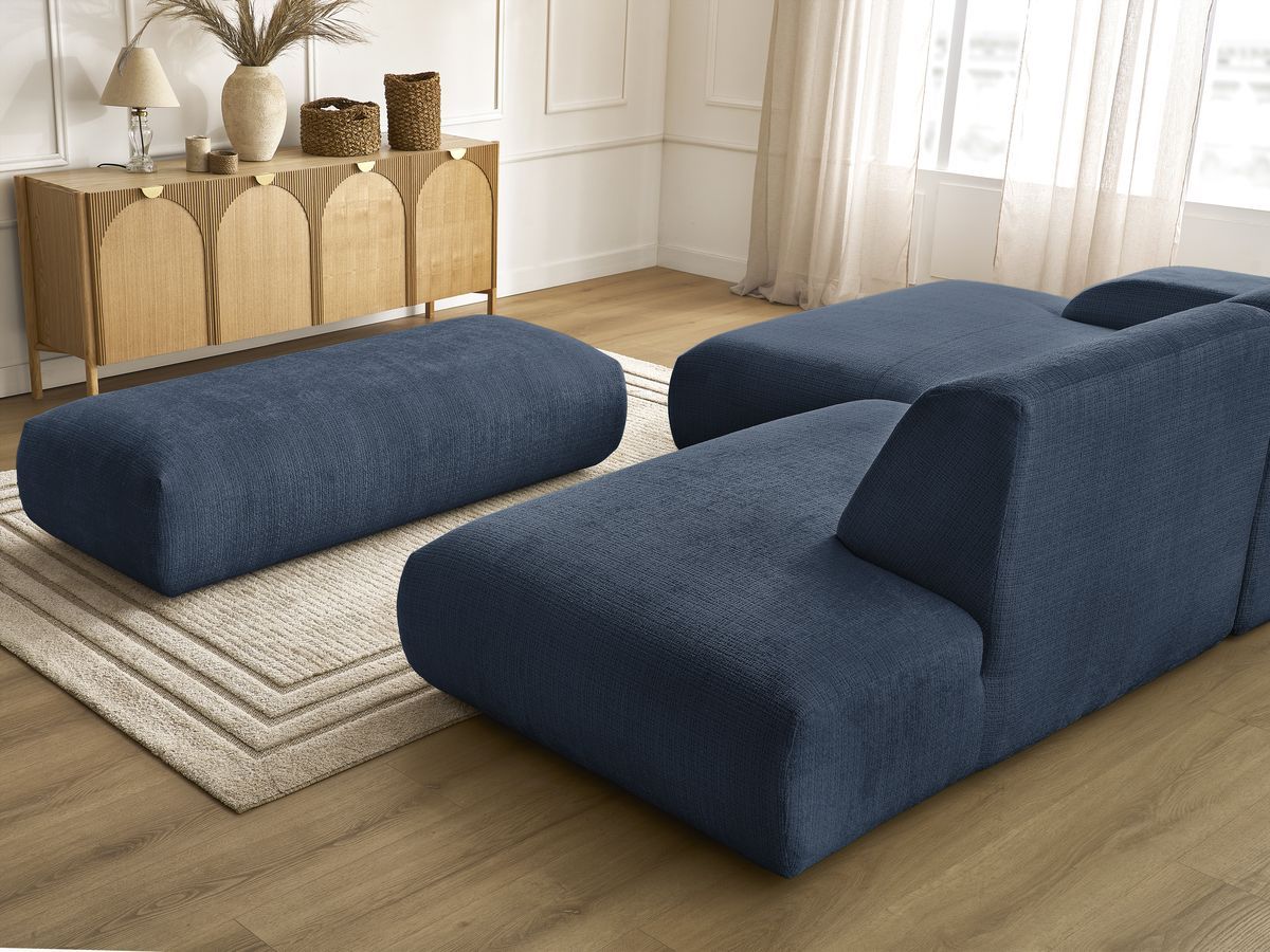 Canapé d'angle fixe modulable SIRIUS tissu texturé avec 1 chauffeuse et grand pouf