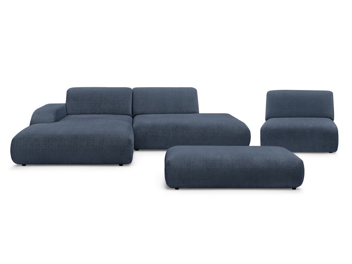 Canapé d'angle fixe modulable SIRIUS tissu texturé avec 1 chauffeuse et grand pouf
