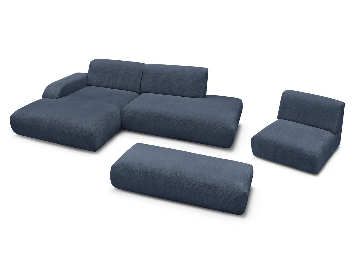 Canapé d'angle fixe modulable SIRIUS tissu texturé avec 1 chauffeuse et grand pouf