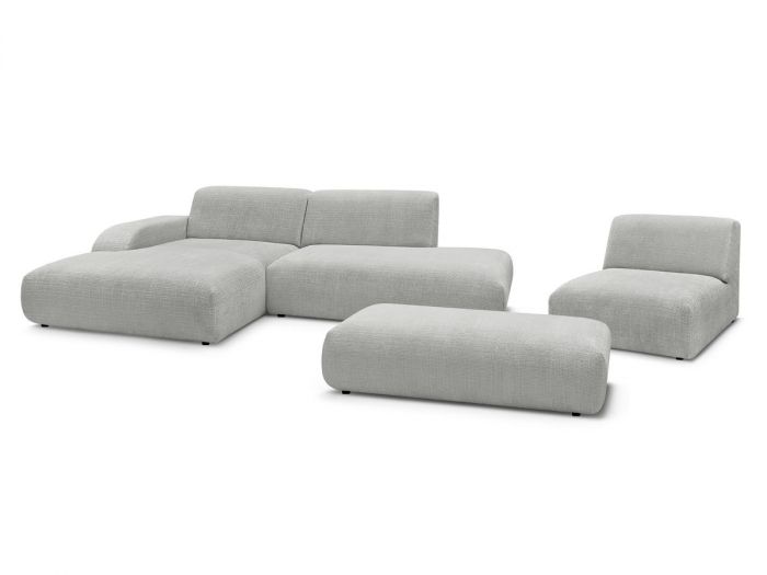 Canapé d'angle fixe modulable SIRIUS tissu texturé avec 1 chauffeuse et grand pouf
