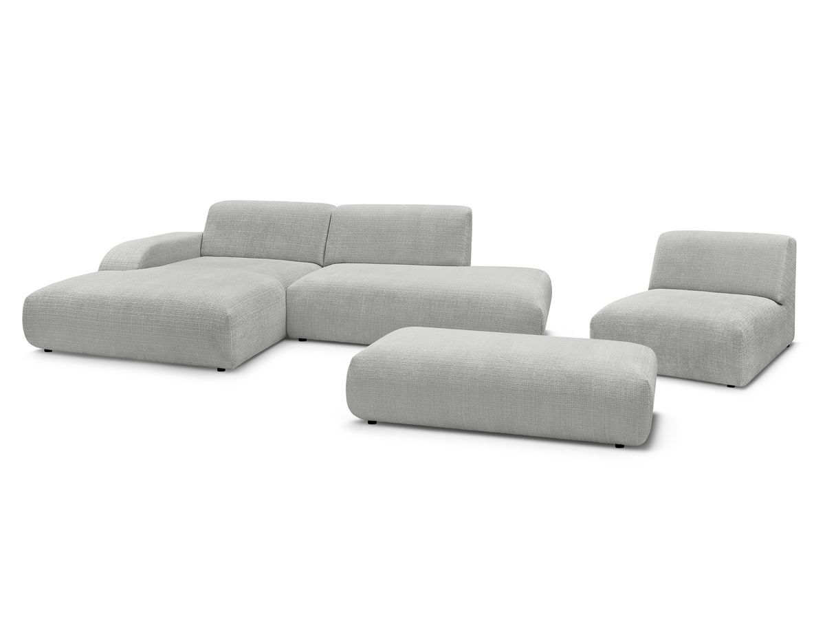 canapé d'angle fixe modulable sirius tissu texturé avec 1 chauffeuse et grand pouf de couleur gris clair