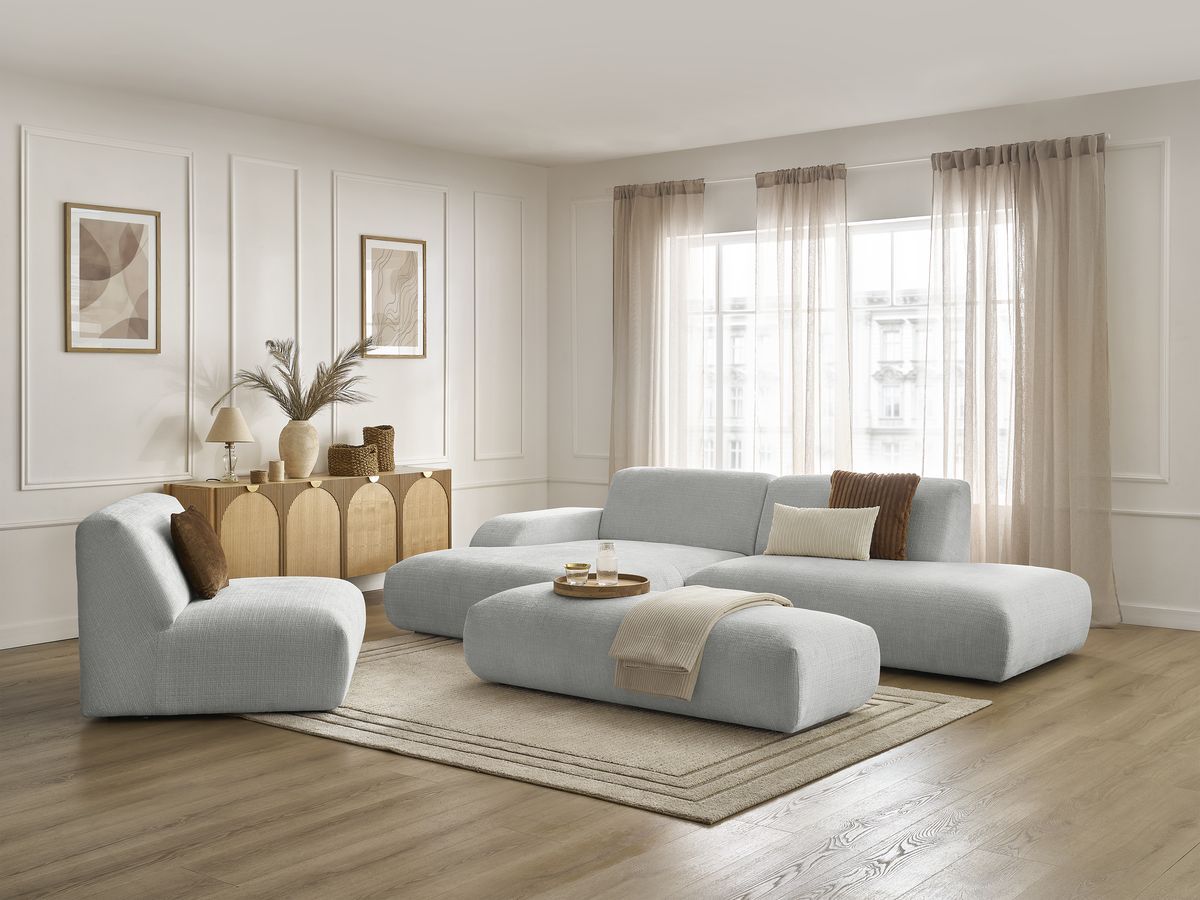 Canapé d'angle fixe modulable SIRIUS tissu texturé avec 1 chauffeuse et grand pouf