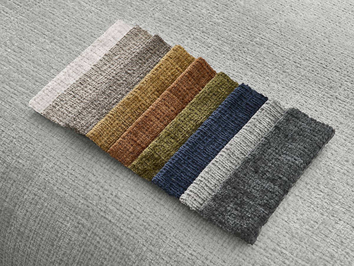 Canapé d'angle fixe modulable SIRIUS tissu texturé avec 1 chauffeuse et grand pouf