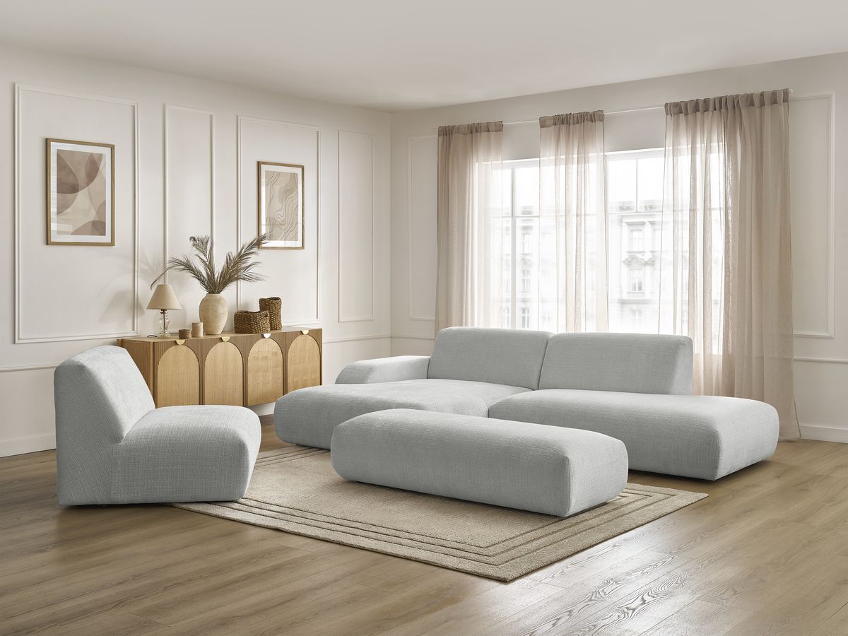Canapé d'angle fixe modulable SIRIUS tissu texturé avec 1 chauffeuse et grand pouf