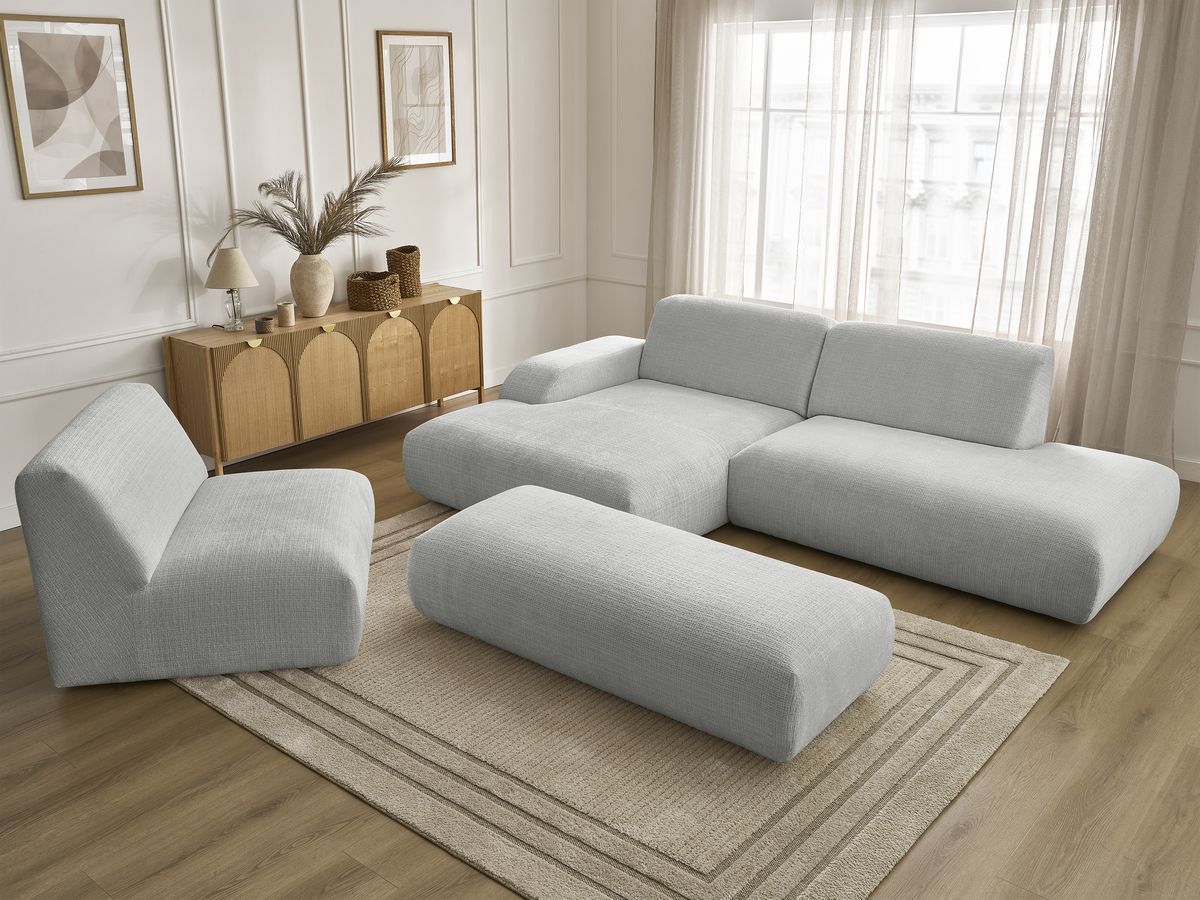 Canapé d'angle fixe modulable SIRIUS tissu texturé avec 1 chauffeuse et grand pouf