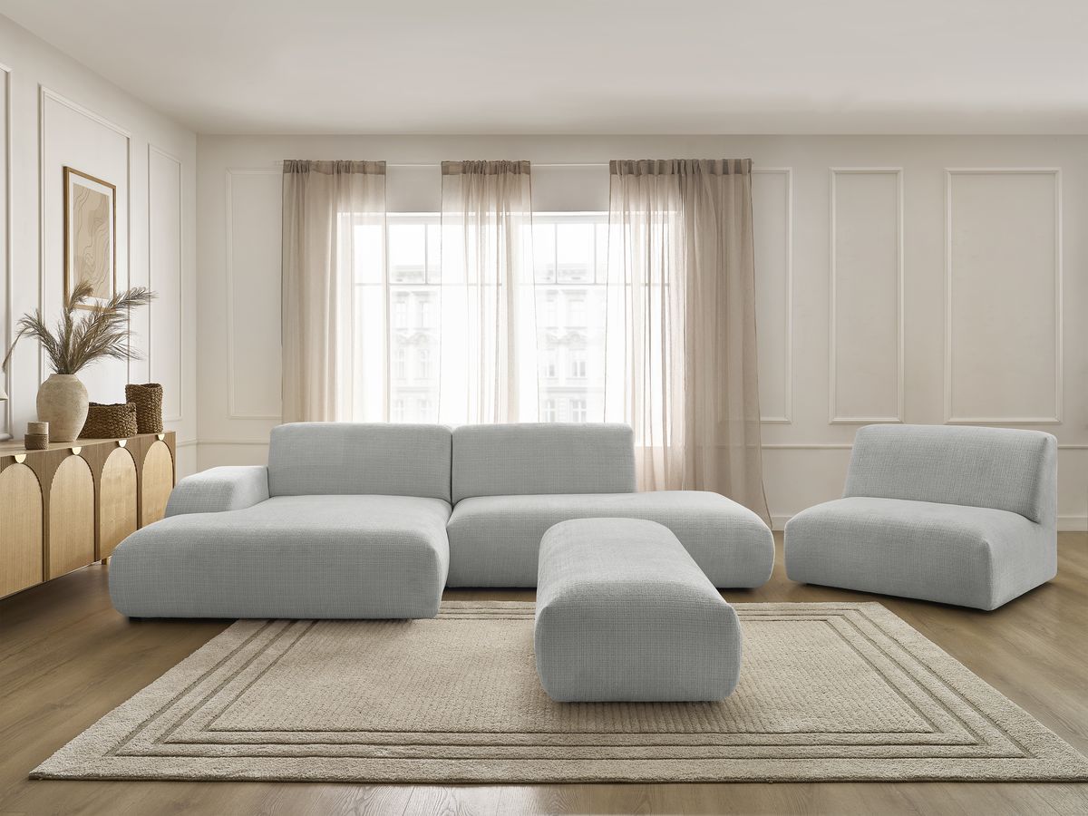Canapé d'angle fixe modulable SIRIUS tissu texturé avec 1 chauffeuse et grand pouf