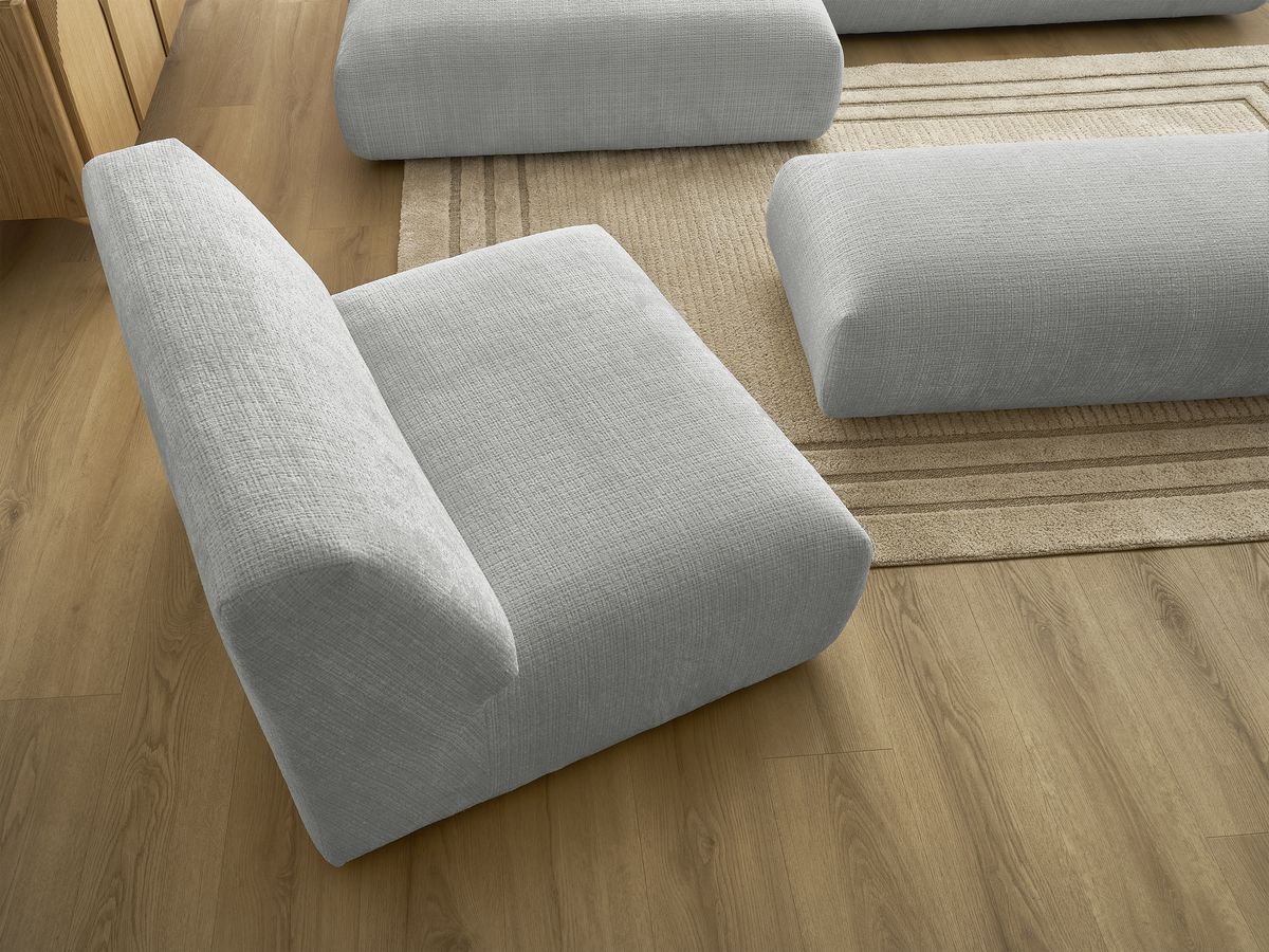 Canapé d'angle fixe modulable SIRIUS tissu texturé avec 1 chauffeuse et grand pouf