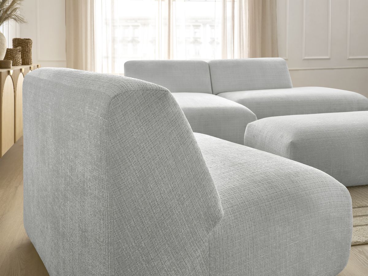 Canapé d'angle fixe modulable SIRIUS tissu texturé avec 1 chauffeuse et grand pouf
