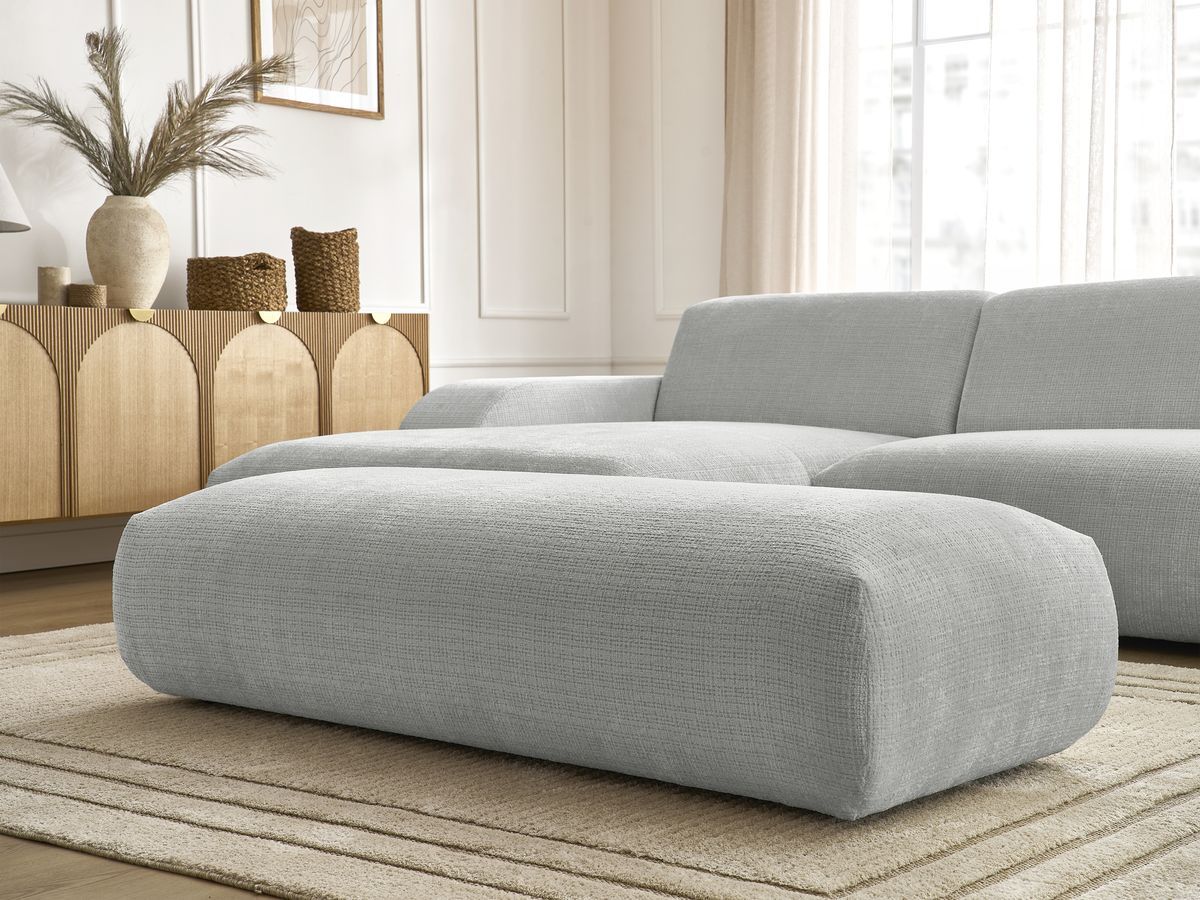 Canapé d'angle fixe modulable SIRIUS tissu texturé avec 1 chauffeuse et grand pouf