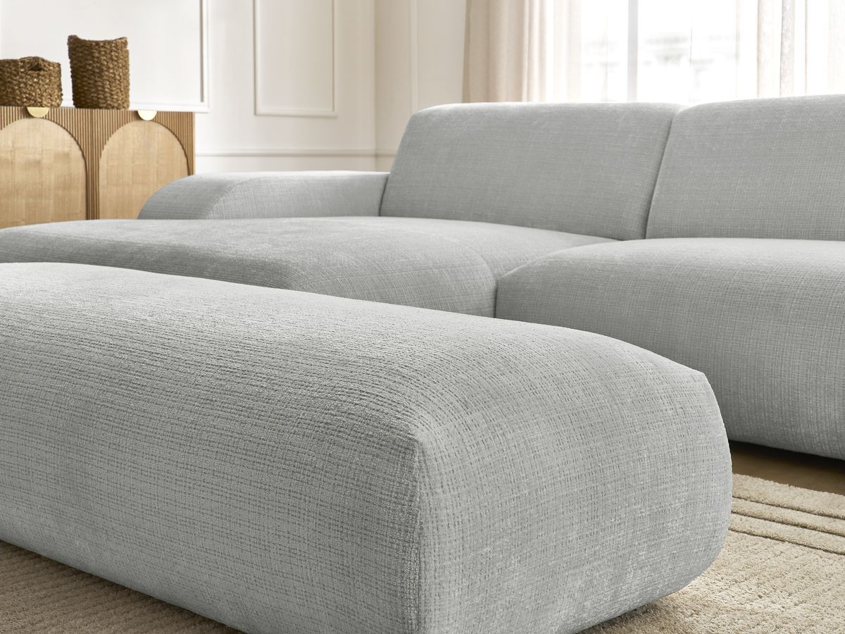 Canapé d'angle fixe modulable SIRIUS tissu texturé avec 1 chauffeuse et grand pouf