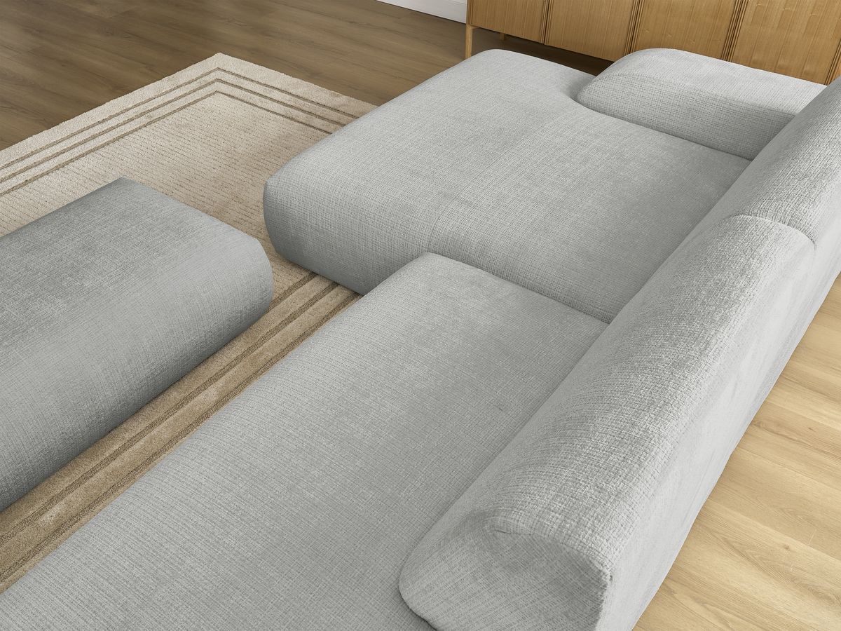 Canapé d'angle fixe modulable SIRIUS tissu texturé avec 1 chauffeuse et grand pouf