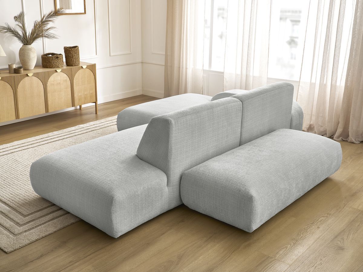 Canapé d'angle fixe modulable SIRIUS tissu texturé avec 1 chauffeuse et grand pouf