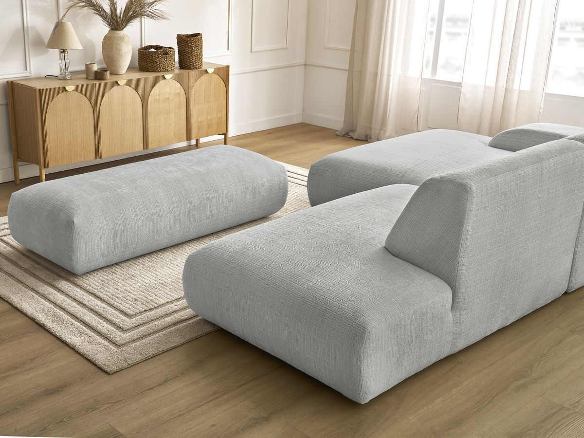 Canapé d'angle fixe modulable SIRIUS tissu texturé avec 1 chauffeuse et grand pouf