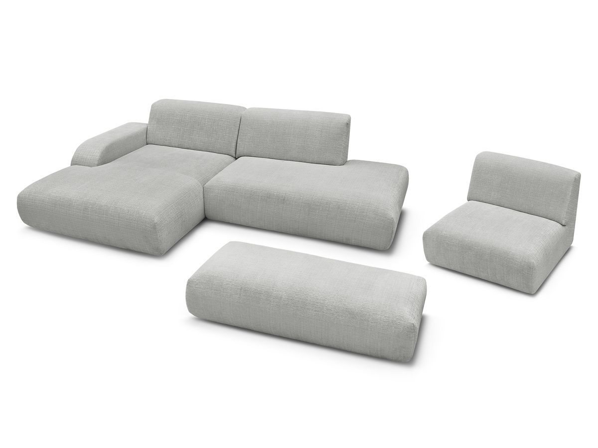 Canapé d'angle fixe modulable SIRIUS tissu texturé avec 1 chauffeuse et grand pouf
