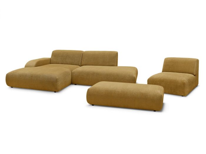 Canapé d'angle fixe modulable SIRIUS tissu texturé avec 1 chauffeuse et grand pouf