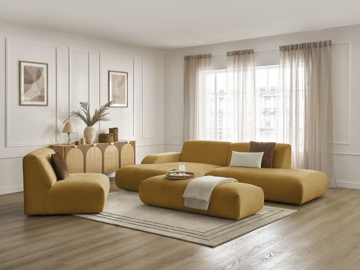 Canapé d'angle fixe modulable SIRIUS tissu texturé avec 1 chauffeuse et grand pouf
