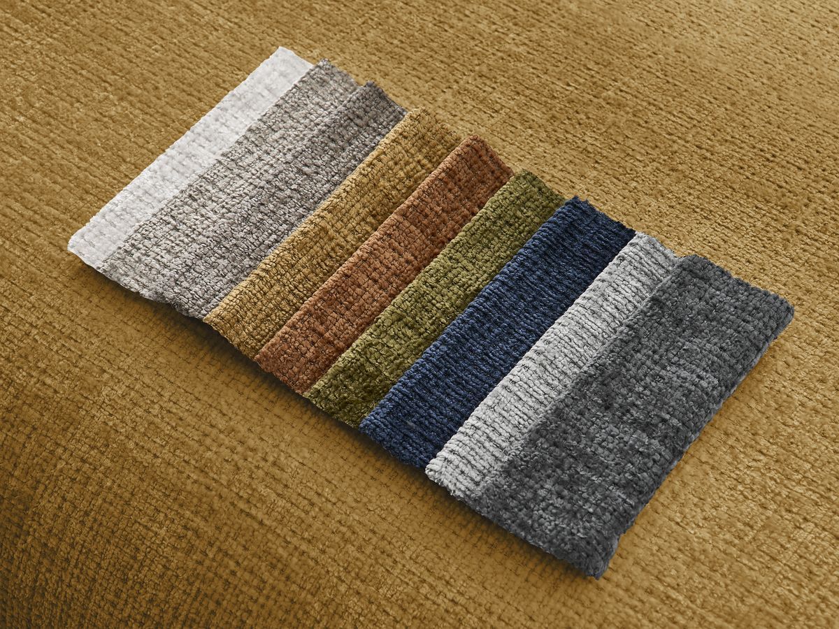 Canapé d'angle fixe modulable SIRIUS tissu texturé avec 1 chauffeuse et grand pouf