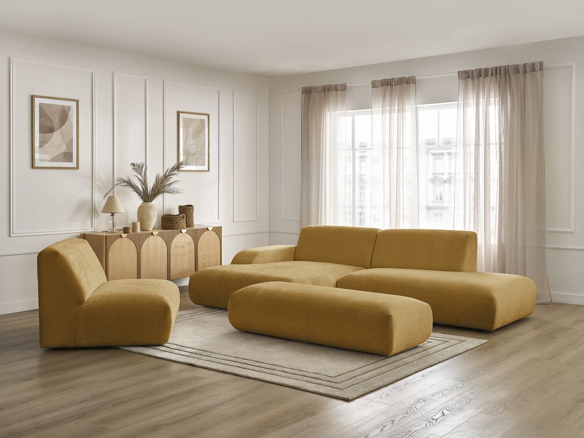 Canapé d'angle fixe modulable SIRIUS tissu texturé avec 1 chauffeuse et grand pouf