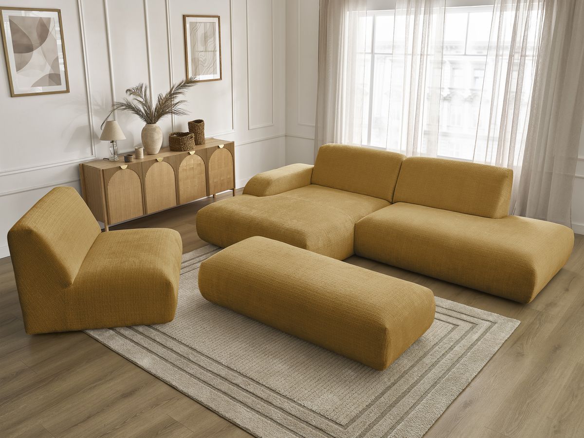 Canapé d'angle fixe modulable SIRIUS tissu texturé avec 1 chauffeuse et grand pouf