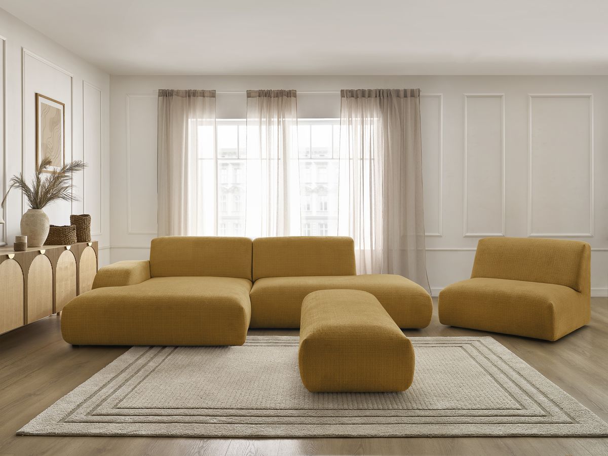 Canapé d'angle fixe modulable SIRIUS tissu texturé avec 1 chauffeuse et grand pouf