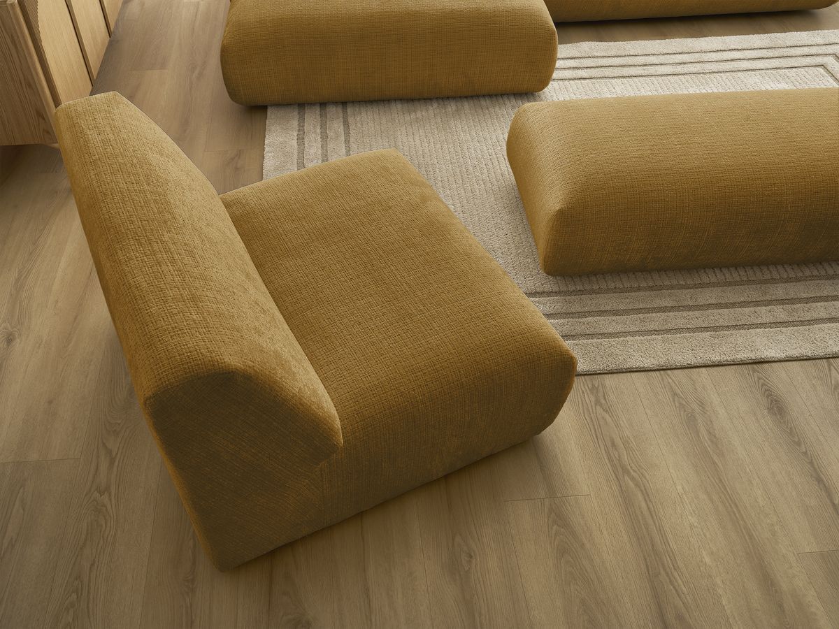 Canapé d'angle fixe modulable SIRIUS tissu texturé avec 1 chauffeuse et grand pouf