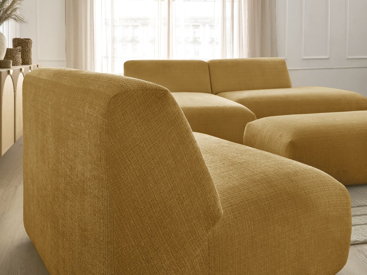 Canapé d'angle fixe modulable SIRIUS tissu texturé avec 1 chauffeuse et grand pouf