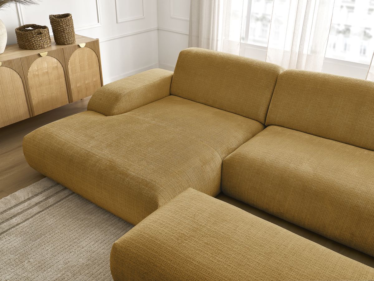 Canapé d'angle fixe modulable SIRIUS tissu texturé avec 1 chauffeuse et grand pouf