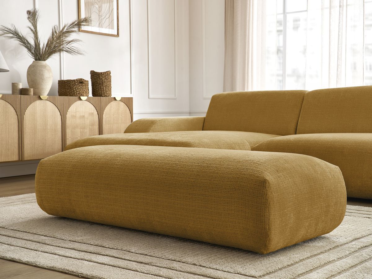 Canapé d'angle fixe modulable SIRIUS tissu texturé avec 1 chauffeuse et grand pouf