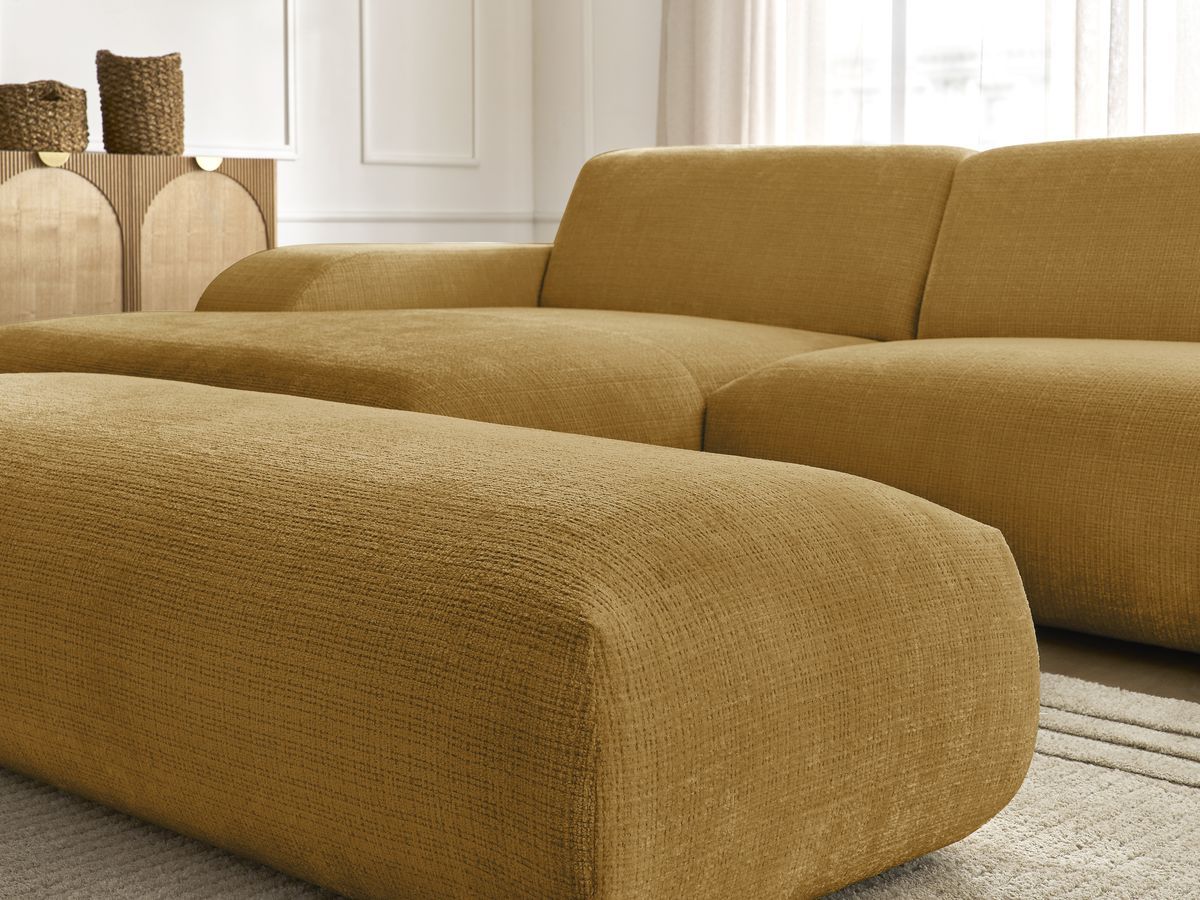 Canapé d'angle fixe modulable SIRIUS tissu texturé avec 1 chauffeuse et grand pouf