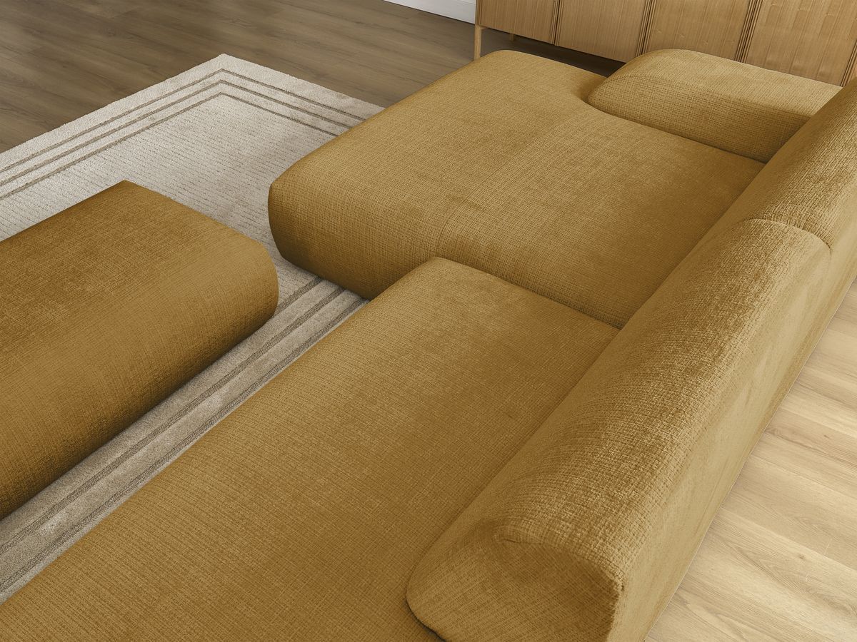 Canapé d'angle fixe modulable SIRIUS tissu texturé avec 1 chauffeuse et grand pouf