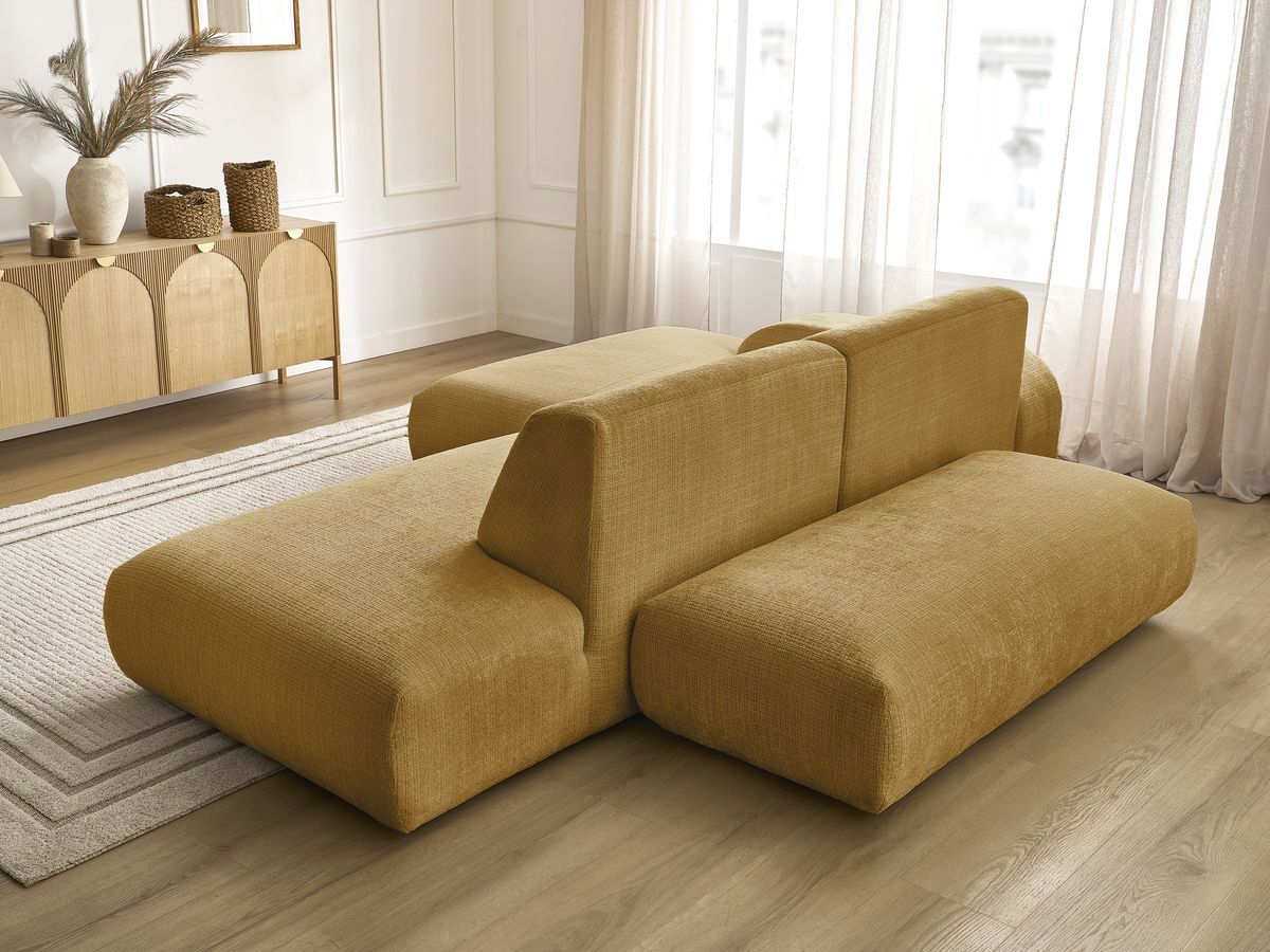 Canapé d'angle fixe modulable SIRIUS tissu texturé avec 1 chauffeuse et grand pouf