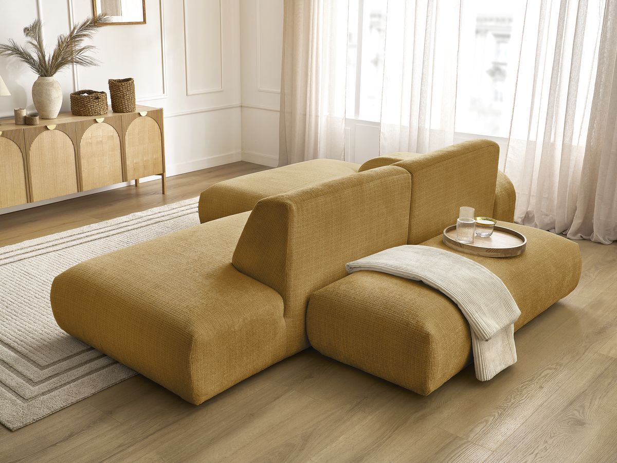 Canapé d'angle fixe modulable SIRIUS tissu texturé avec 1 chauffeuse et grand pouf