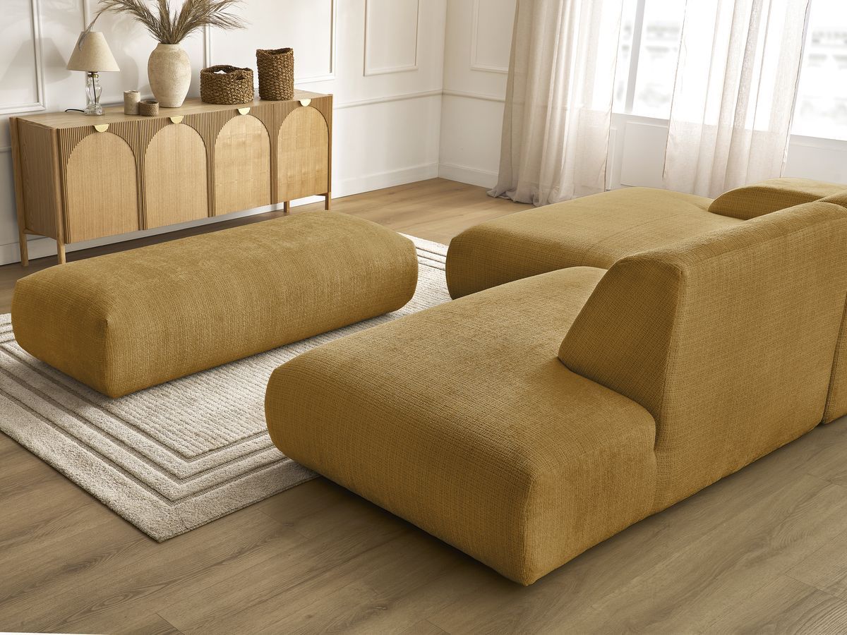 Canapé d'angle fixe modulable SIRIUS tissu texturé avec 1 chauffeuse et grand pouf