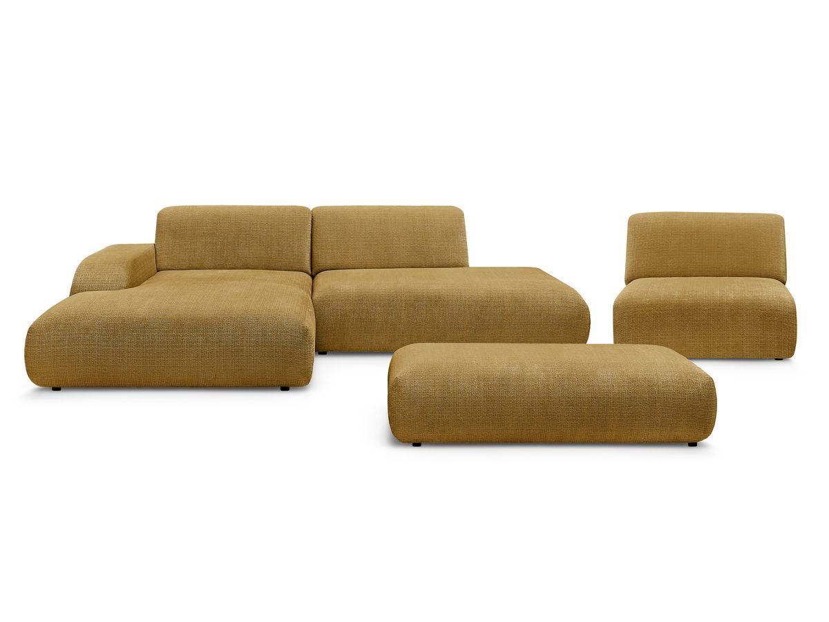 Canapé d'angle fixe modulable SIRIUS tissu texturé avec 1 chauffeuse et grand pouf