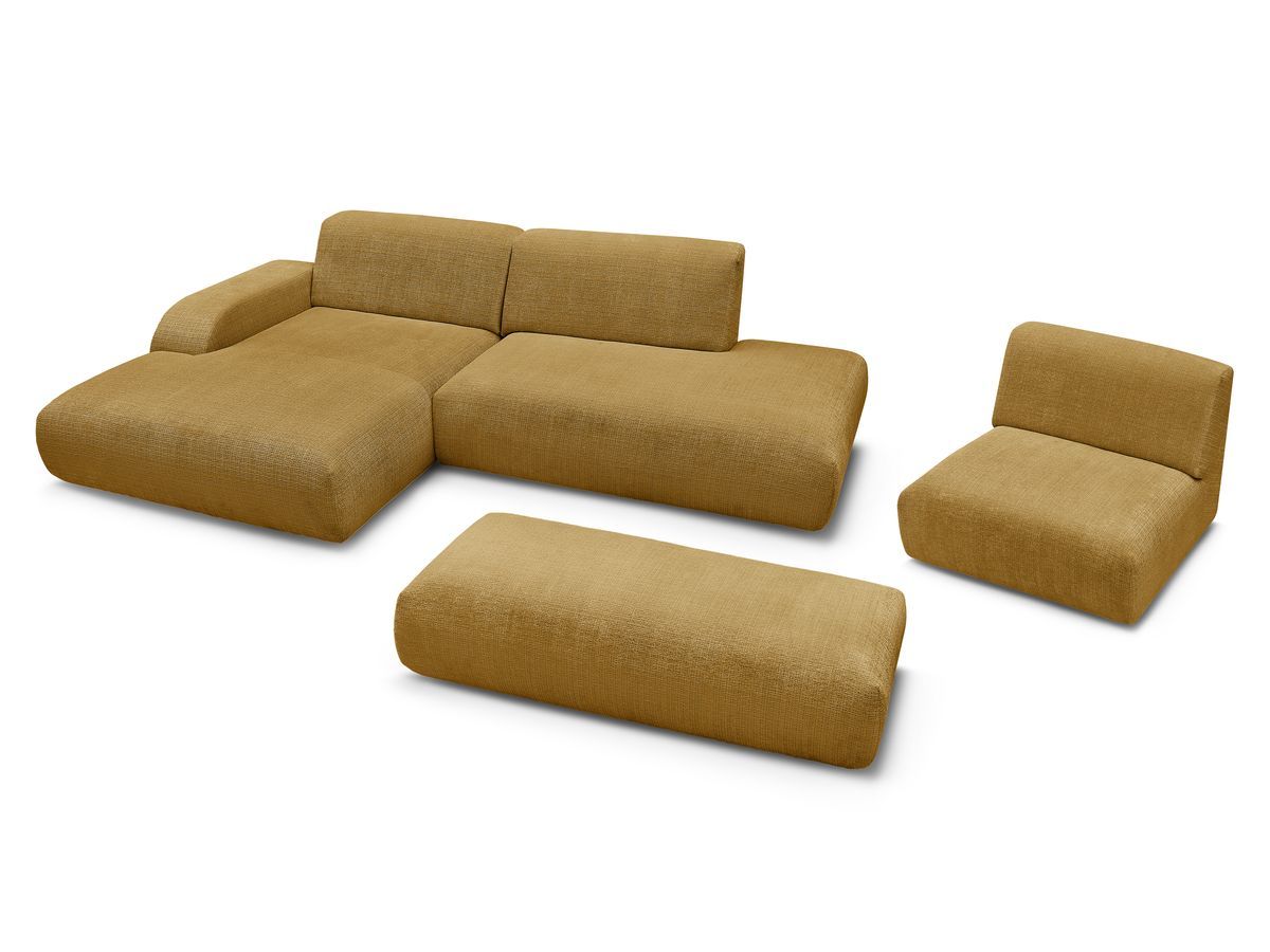 Canapé d'angle fixe modulable SIRIUS tissu texturé avec 1 chauffeuse et grand pouf