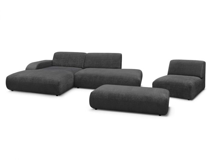 Canapé d'angle fixe modulable SIRIUS tissu texturé avec 1 chauffeuse et grand pouf