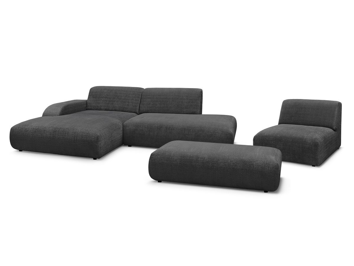 canapé d'angle fixe modulable sirius tissu texturé avec 1 chauffeuse et grand pouf de couleur noir