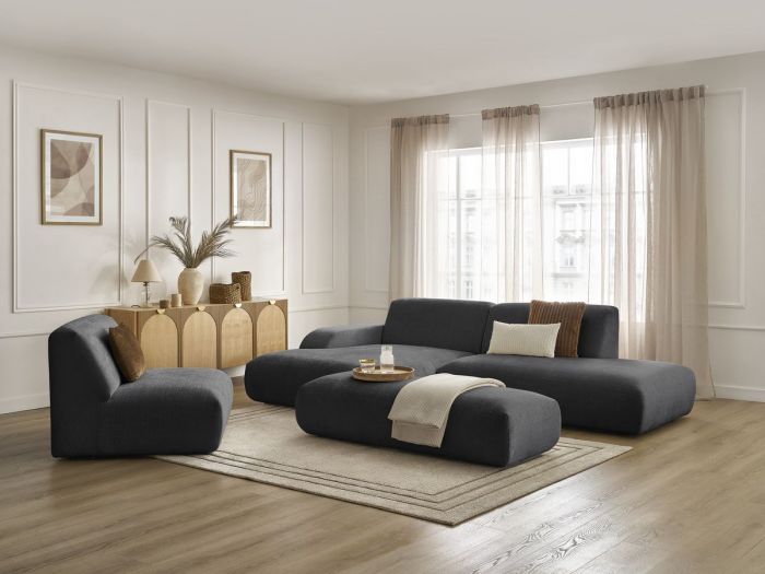 Canapé d'angle fixe modulable SIRIUS tissu texturé avec 1 chauffeuse et grand pouf